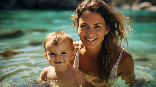 mom and her little son swimming together in turquois