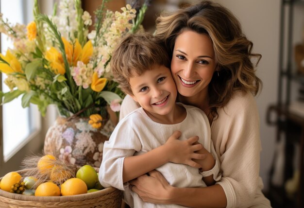 Photo mom holding son in front of easter basket