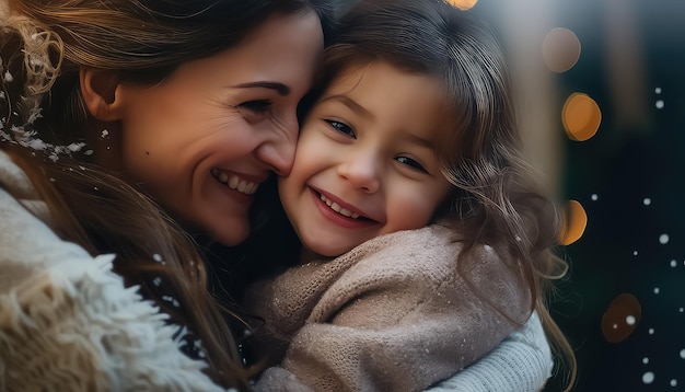 Mom hugging her child on New Year's Eve or Christmas