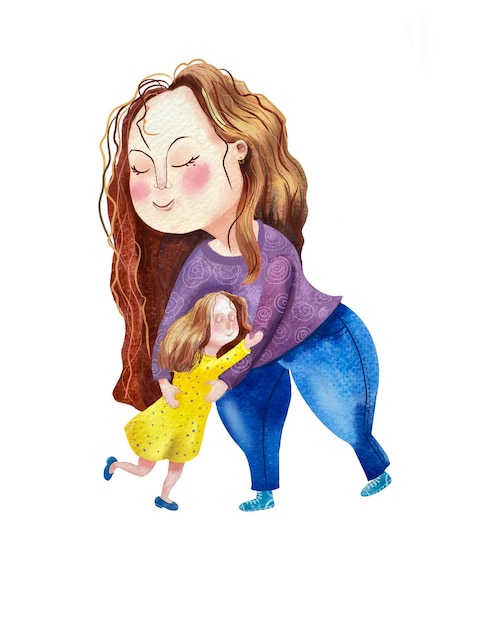 Mom hugs baby girl watercolor