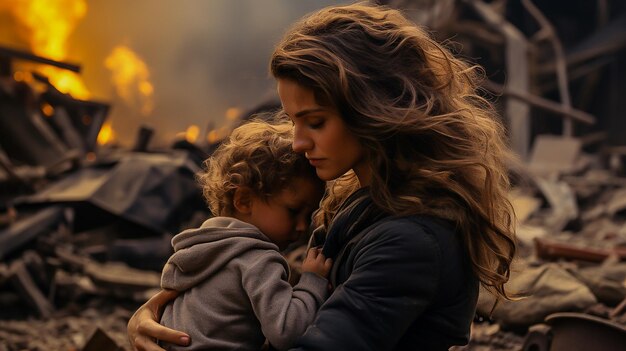 Photo mom hugs a child against the background of a destroyed house and a fire war