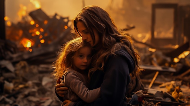 Мама обнимает ребенка на фоне разрушенного дома и пожарной войны