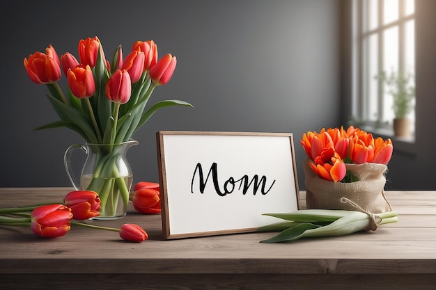 Mom inscription with tulips and gift on table