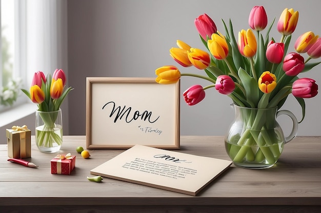 Мама надпись с тюльпанами и подарком на столе