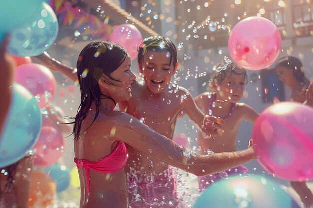 Mom and kids having a playful water balloon fight