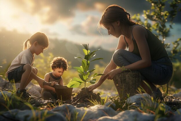 Photo mom and kids planting a tree octane render k uhd