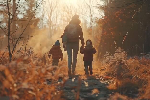 Mom and kids on a playful nature walk octane rende