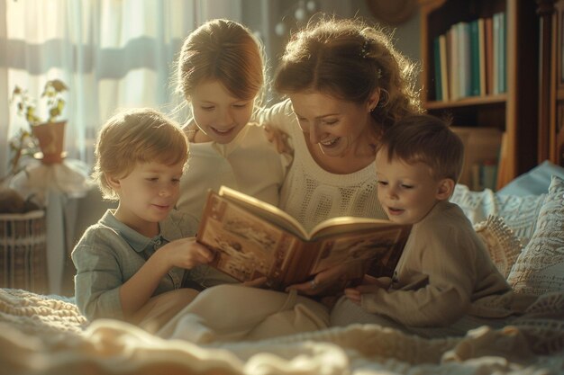 Photo mom and kids surprising their mother with a surpri