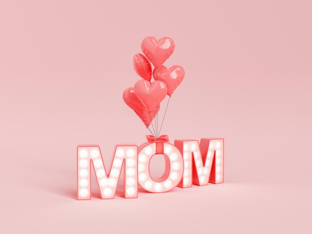写真 母の日のお祝いの3dレンダリング中にピンクの背景に配置された輝くledライトと赤いハート型の風船の山を持つお母さんの手紙