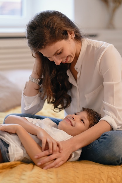 Mom looking at her son smiling