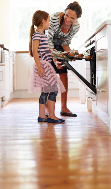 自宅でクッキーのレシピを学ぶ若い女の子と幸せな家族としてキッチンで焼く母親のオーブンまたは子供ケーキマフィンの笑顔または母親が子供の発達のためにストーブで焼くように娘を助けたり教えたりする