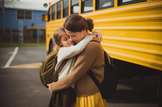 Mom picking children up from school in front of a yellow school bus