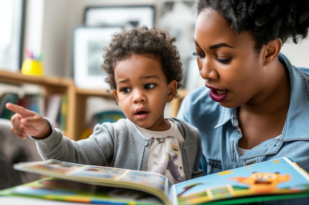 Photo mom pointing at pictures teaching child from a book