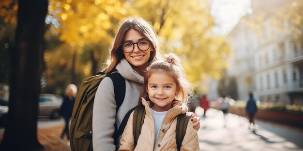 Mom and a pupil of a preschool institution go to school down the street