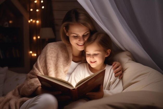 Mom reads a book to her little child sitting on the sofa and covered with a blanket lamp light