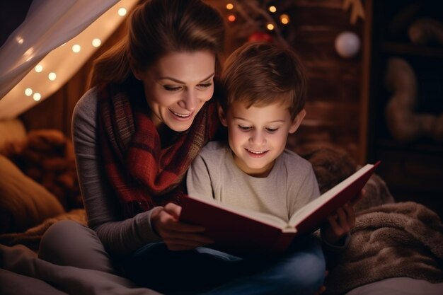 Mom reads a book to her little child sitting on the sofa and covered with a blanket lamp light