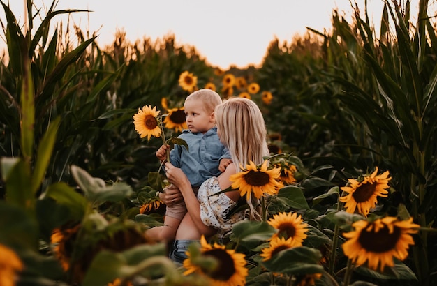mom and son are happy mom and baby are smiling field of sunflowers the setting sun