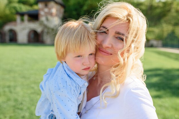 Mom and son blond closeup.