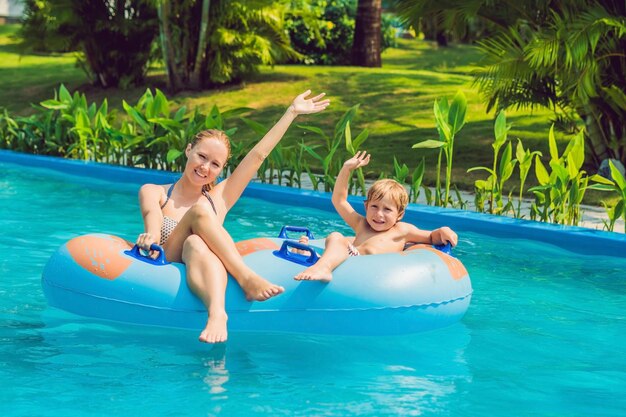 Mom and son have fun at the water park