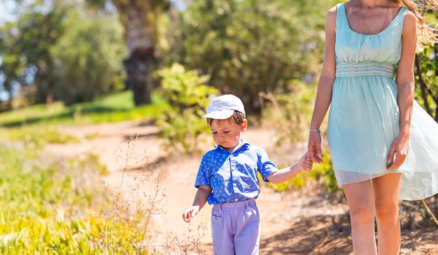 Mom and son on the nature. Family