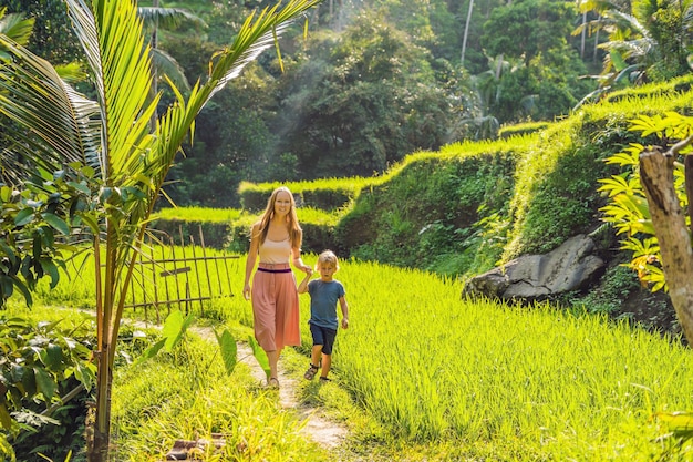 Mom and son on the rice field in the background of rice terraces, Ubud, Bali, Indonesia. Traveling with children concept. Teaching children in practice