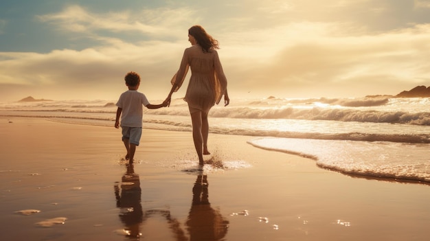 Мама и сын гуляют по пляжу.