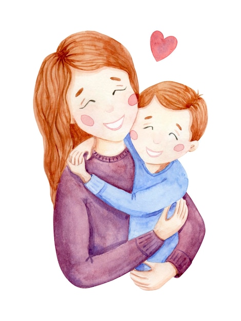 Mom and son watercolor illustration. Woman with boy. Mother and kid poster card. Mother's day design