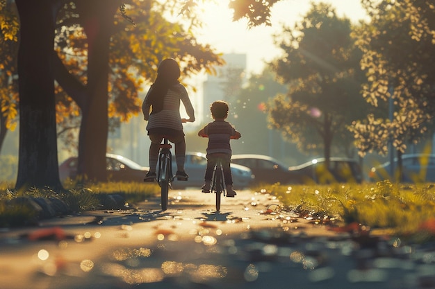 Мама учит своего ребенка ездить на велосипеде