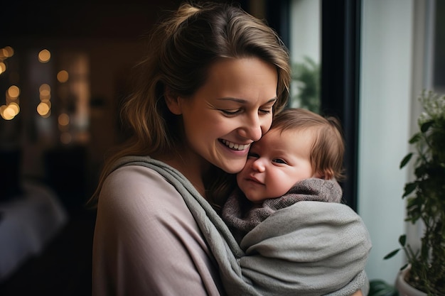 Photo mom with baby smiling motherhood and childhood parenting