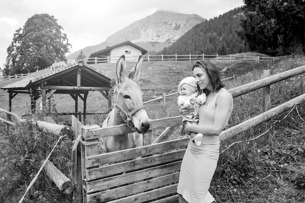 Mom with her daughter having fun at farm ranch and meeting a\
donkey pet therapy concept in countryside with donkey in the\
educational farm pet therapy concept with children black and\
white