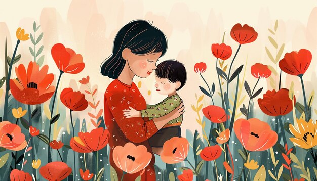 Mom with her little son illustration