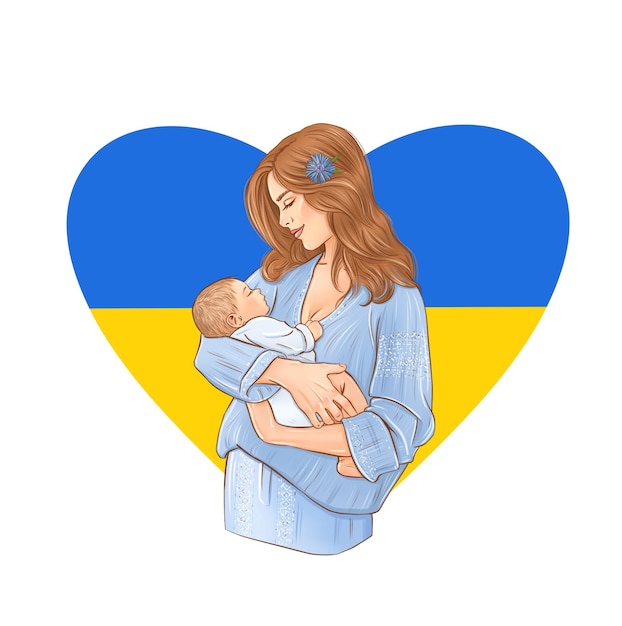 Photo mom with a newborn baby ukrainian flag