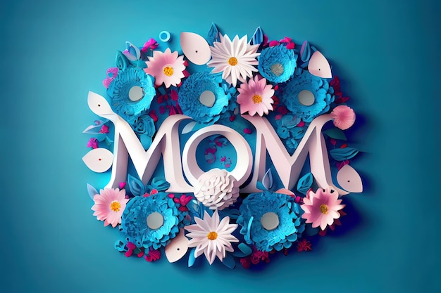 Mom words near hearts and bunches of fresh flowers Generative Ai