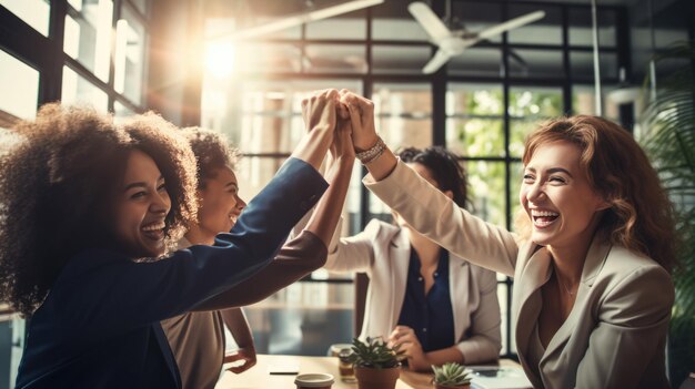 Photo moment of celebration with a group of women in a business setting giving each other a high five all smiling and exuding happiness and a sense of achievement