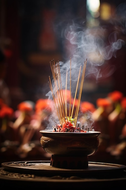 中国の新年の日に神殿で最初の香を捧げた瞬間