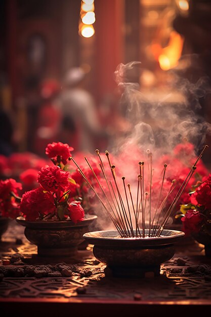 the moment of the first incense offering at a temple on Chinese New Year