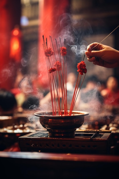 The moment of the first incense offering at a temple on chinese new year