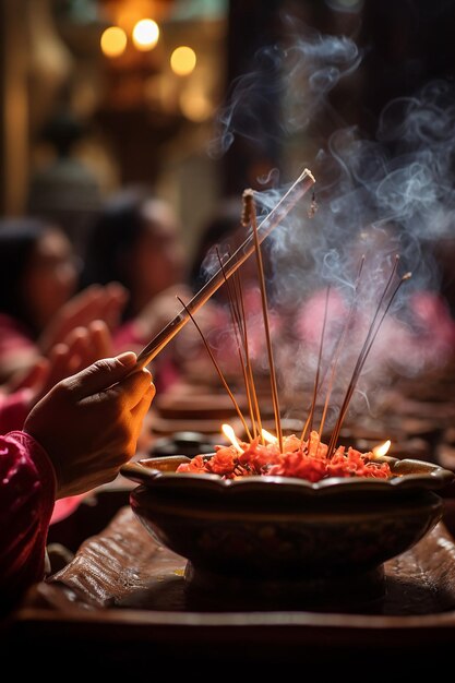 the moment of the first incense offering at a temple on Chinese New Year