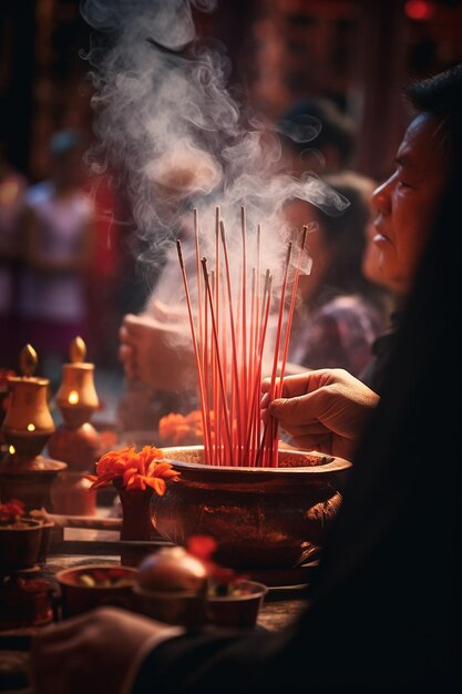 중국 신년 축제에서 사원에서 첫 번째 향을 바치는 순간