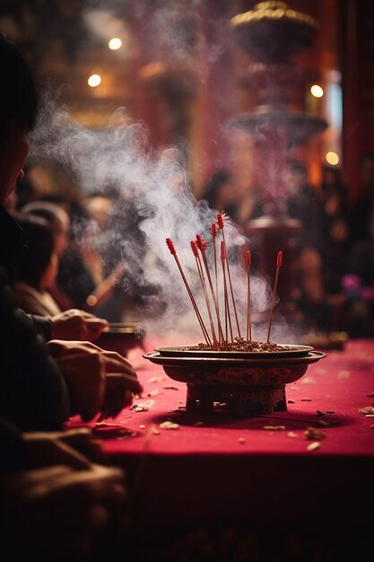 the moment of the first incense offering at a temple on Chinese New Year