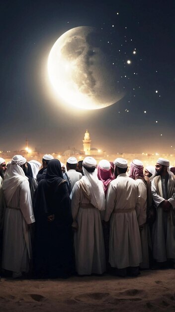 The moment of a group of muslims saw the moon eid concept