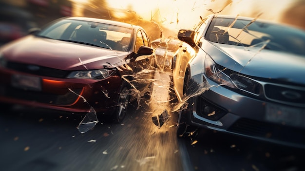 Photo moment of impact collision between two cars on a city street