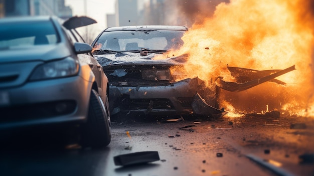 Moment of Impact Collision Between Two Cars on a City Street