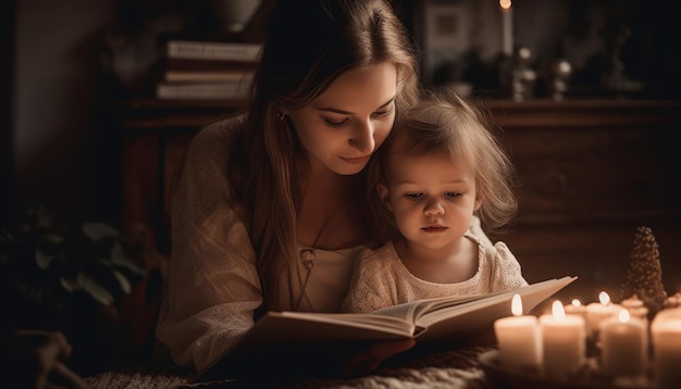 A moment of a mother and child cuddled up together reading a book Mother's Day