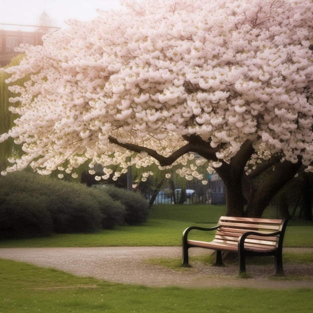 Момент спокойствия Цветущее вишневое дерево в городском парке с скамейкой для отдыха