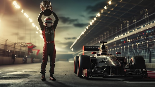 The moment of triumph as a race car driver lifts the trophy above their head standing next to their racing car under the floodlights details show the texture of the suit AI Generative