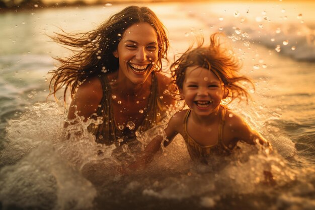 Moment tussen een moeder en haar dochter terwijl ze speels in de zee spetteren Generatieve AI