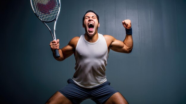 The moment of victory captured in a racquetball match the player39s racquet raised high