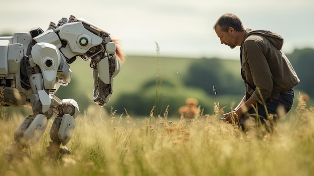 ロボット・カンパニーが馬と一緒に野原に行き 支援と同伴を表明する瞬間