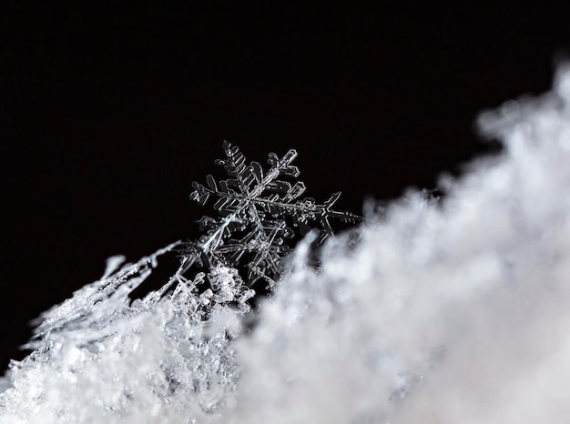 momentopname van een kleine sneeuwvlok genomen tijdens een sneeuwval